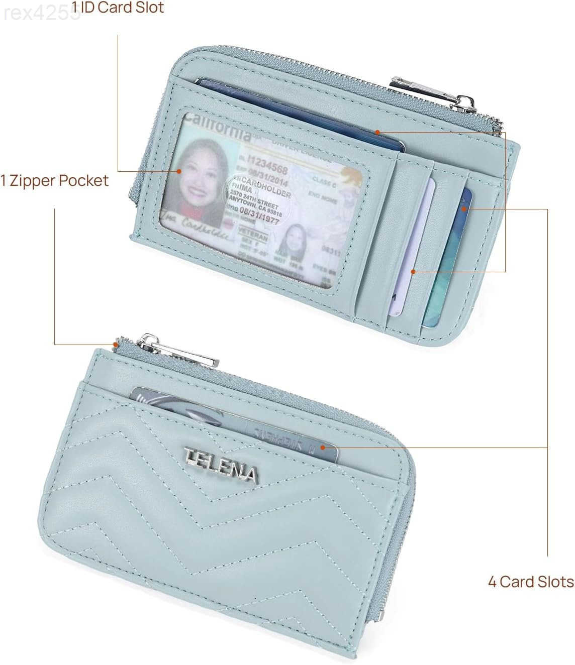 Slim Wallet Women RFID Blocking Credit Card Holder Leather Coin Purse with Silver Keychain BlueW250911