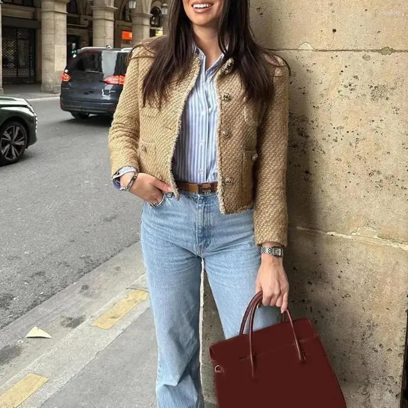 Women's Jackets Women Top With Gold Button Closure Tweed Elegent Slim Fit Stylish Pockets For Business Spring