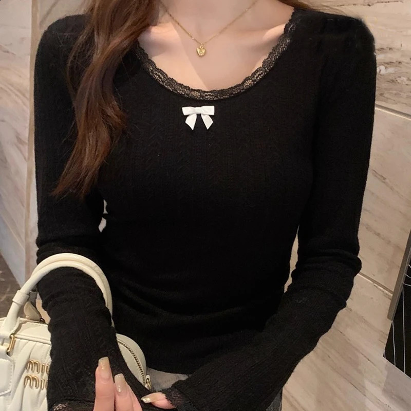 Bow Cute Knitted Pullover Sweater For Women Autumn Winter Fashion Lace Patchwork O Neck Long Sleeve Slim Cropped Tops 250911