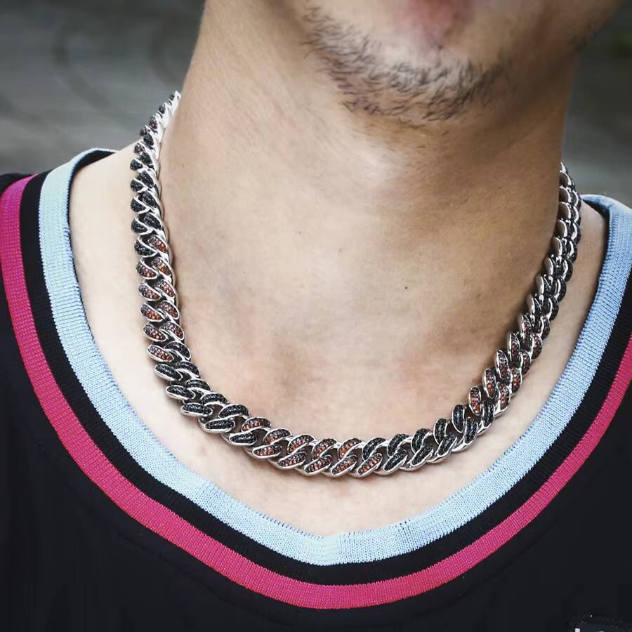 KRKC Wholesale 12mm 18inch BlackRed Color 5A CZ 2 Row Diamond Iced Out Hiphop Cuban Link Chain Necklace for Men