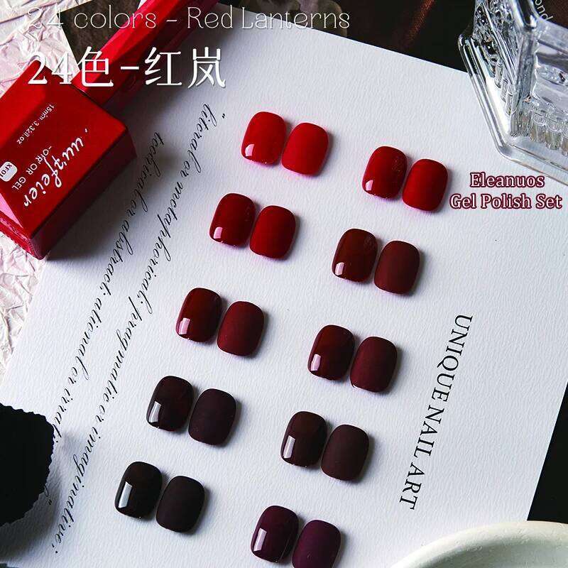 Eleanuos Phototherapy Polishing 24Pcs Varnish Gel Mixed Soak Wine Red Lasting Shiny Primer Nail Art Winter Salon Kit