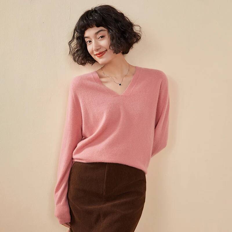 Autumn And Winter New Sweater 100% Pure Cashmere V-neck Knitted Pullover Long Sleeved Hot Selling Women's Top