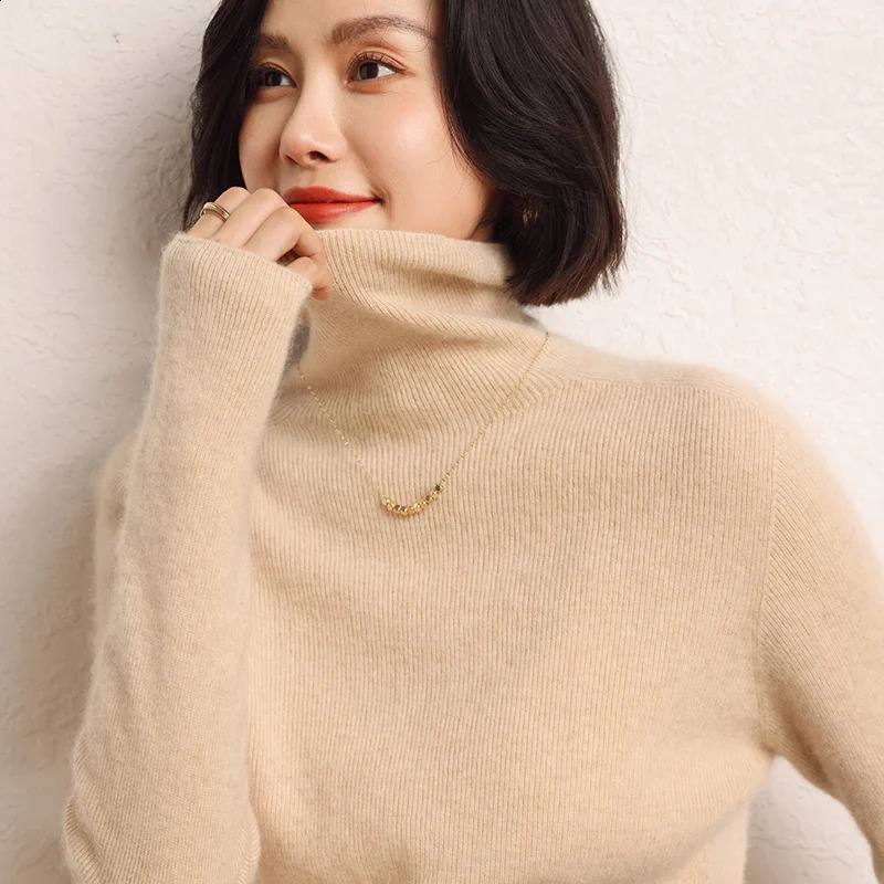 100 cashmere sweater womens knitted pullover high neck solid color slim fit soft basic 250911