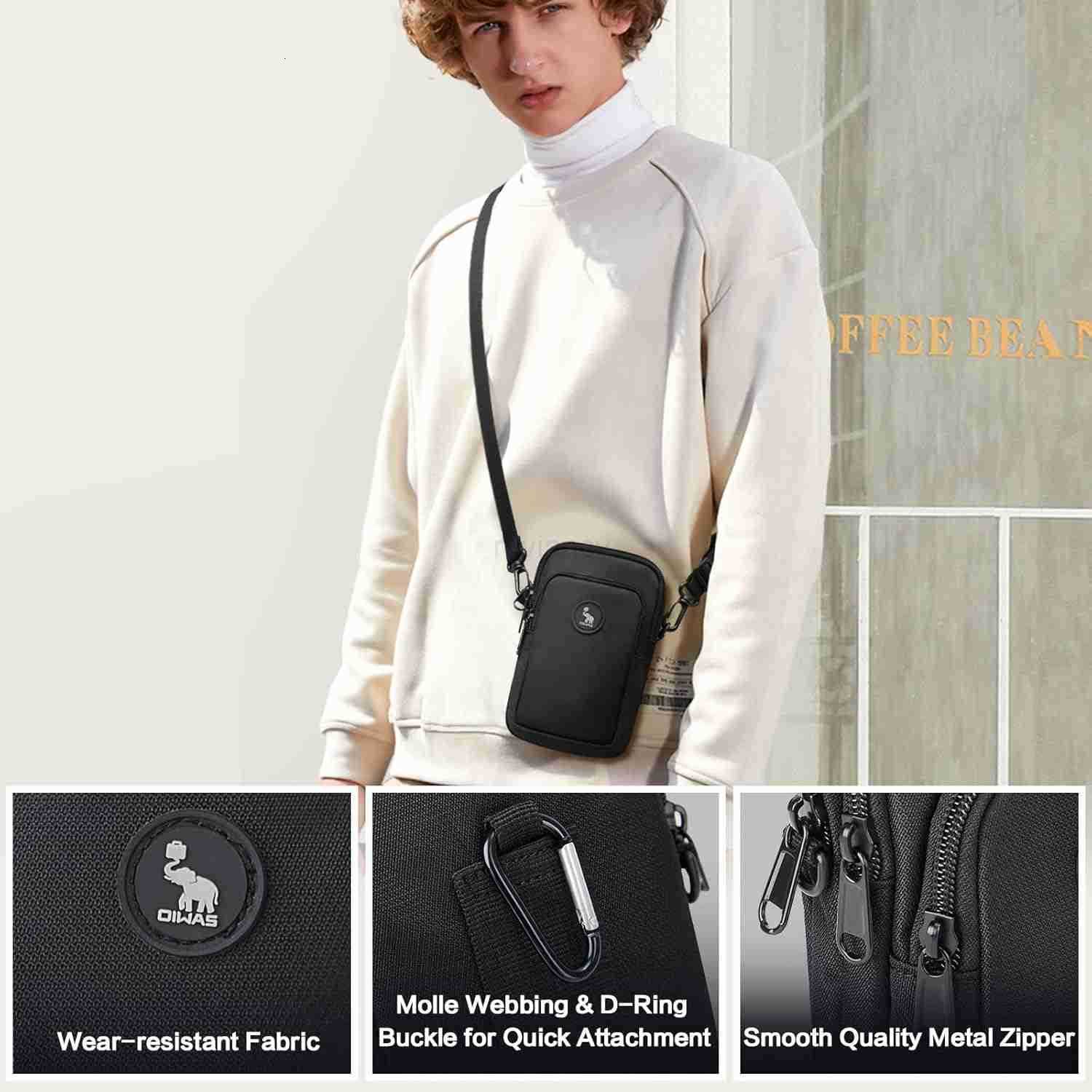 Mini Crossbody Bag for Men Multiple Ways to Carry as Shoulder Waist Pouch Sling Bag for Cell Phone Passport Wallet Mini Messenger Bag DetachableW25091