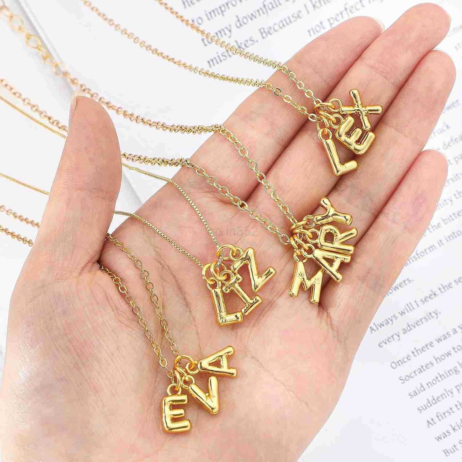 18 K Gold Bubbled A Z Alphabet Pendant Letters for Jewelry Making 3D Bubble Slide Glitter Trendy Letters Chunky Initial Alphabet Women DIY NecklaceW25