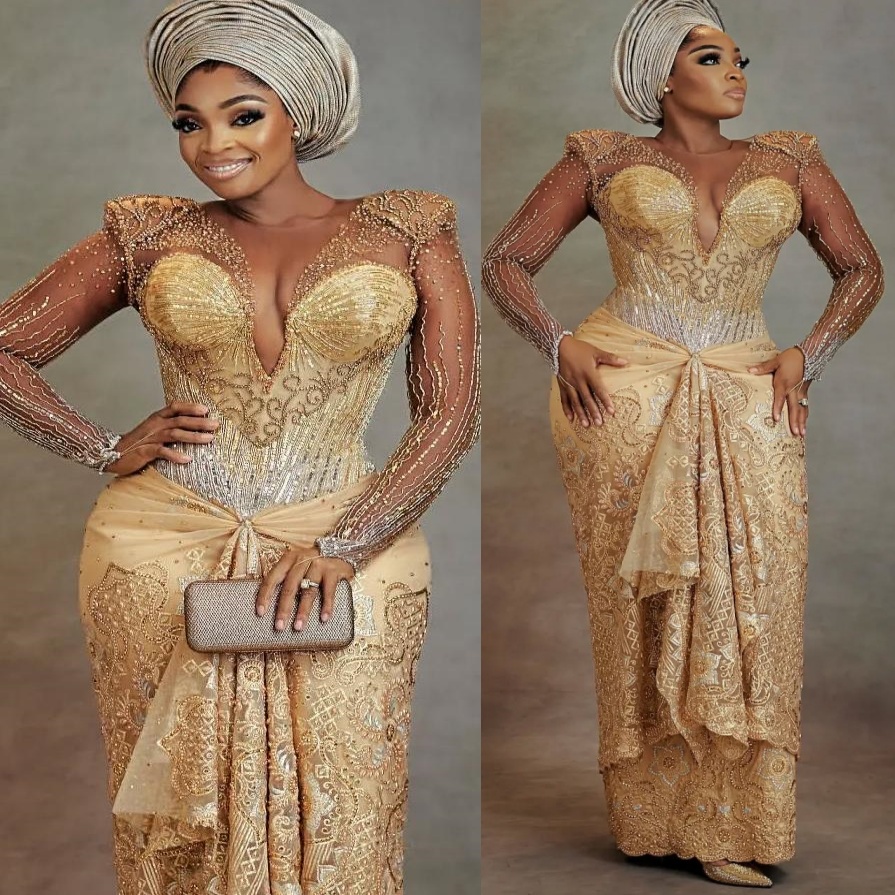 Aso Ebi Gold Sheath Prom Dresses 2025 Lace Beaded Sheer Neck Vintage Evening Formal Party Second Birthday Engagement Gowns Plus Size Dress For Special