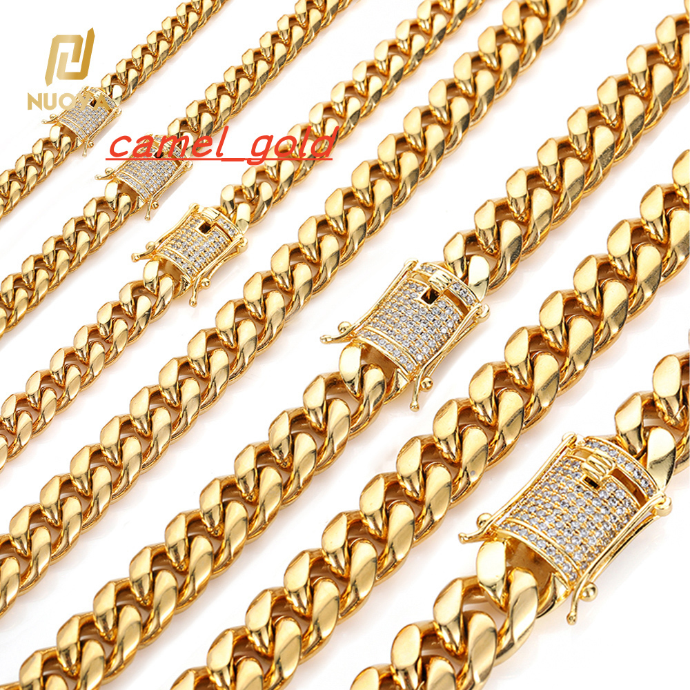 Hip Hop 8MM Mens Miami Stainless Steel Gold Chain Iced Out 18K Gold Plated Cuban Necklace