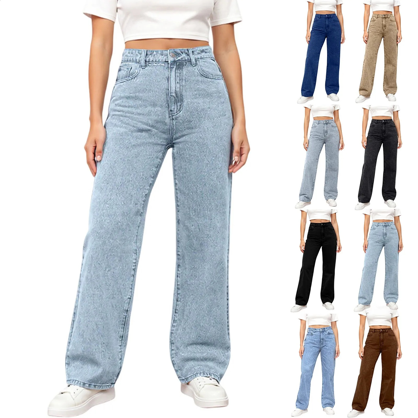 WomenS Straight Jeans Solid Color Distressed High Waist n Retro Trousers American Girl Style Pants Daily Street Wear 250911