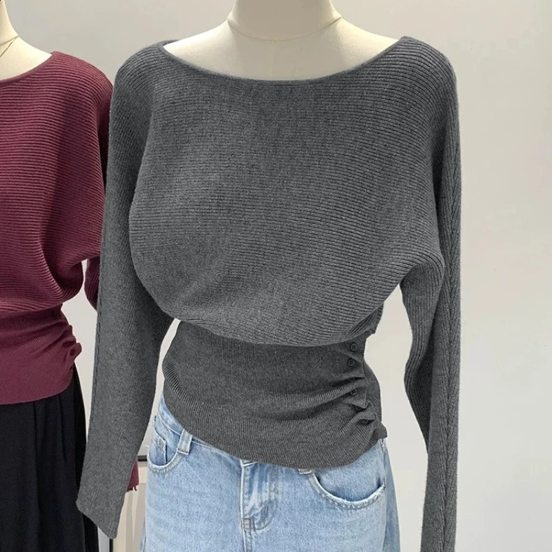 Women d Button Waist Pullovers Off Shoulder Slash Neck Autumn Winter Knitted Sweater Long Sleeved Tops 250911