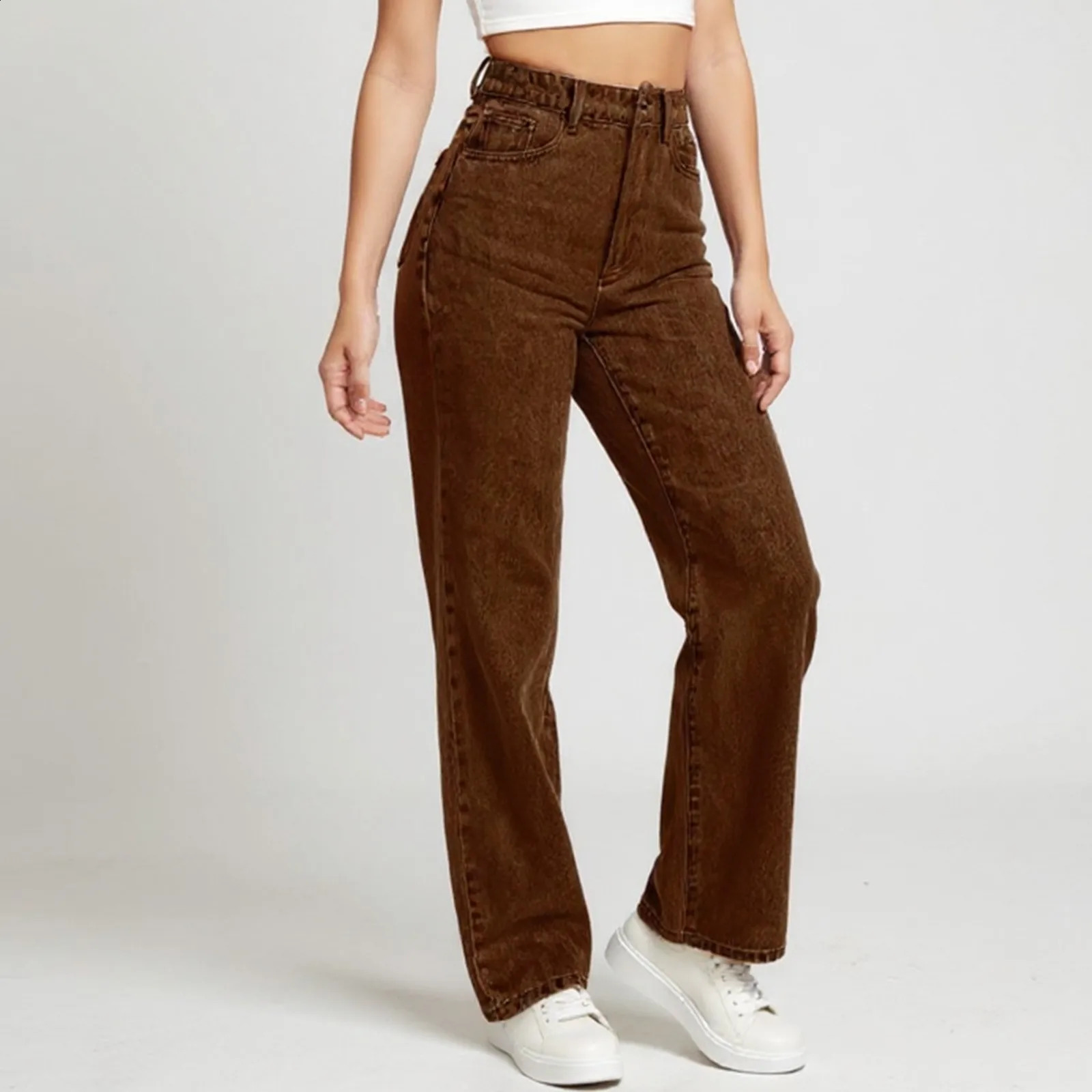WomenS Straight Jeans Solid Color Distressed High Waist n Retro Trousers American Girl Style Pants Daily Street Wear 250911