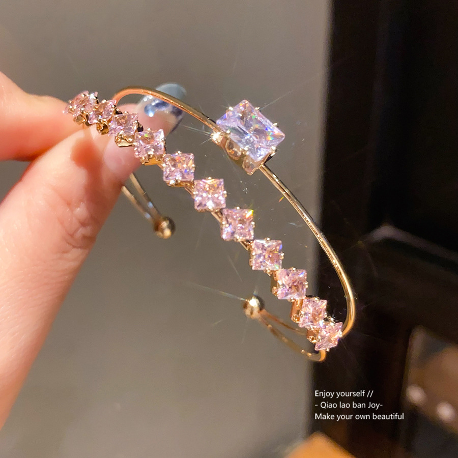 Gold - Toned Bangle With Pink & Clear Square Crystals, Statement Central Stone Design Delicate Daily & Glamorous Jewelry Gift For Her High - Quality A