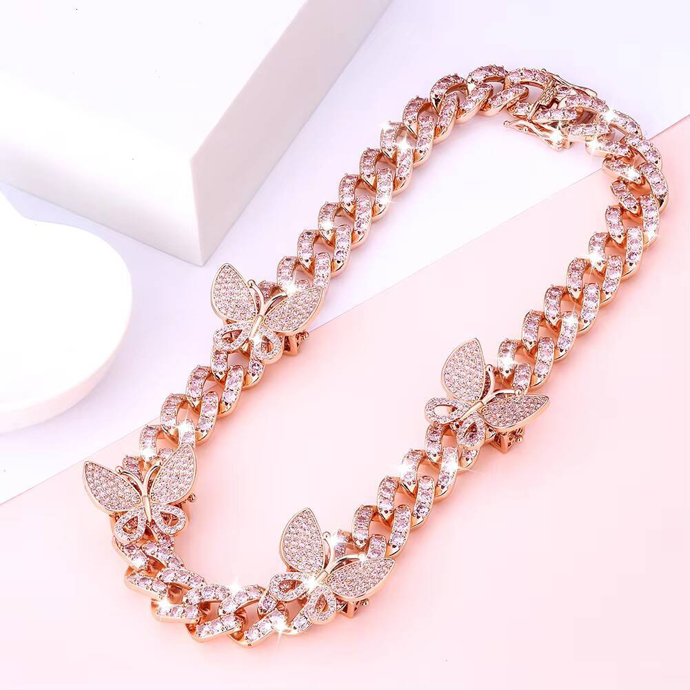 KRKC 18k Gold Pink Plated Colored Moissanite Butterfly Choker Silver Butterfly Chain Jewelry Butterfly Cuban Link Necklace