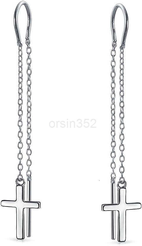 Religious Cross Threader Long Chain Ear Cuff Stud Earring Set For Women Teen Rose Gold Plated 925 Sterling SilverW250911