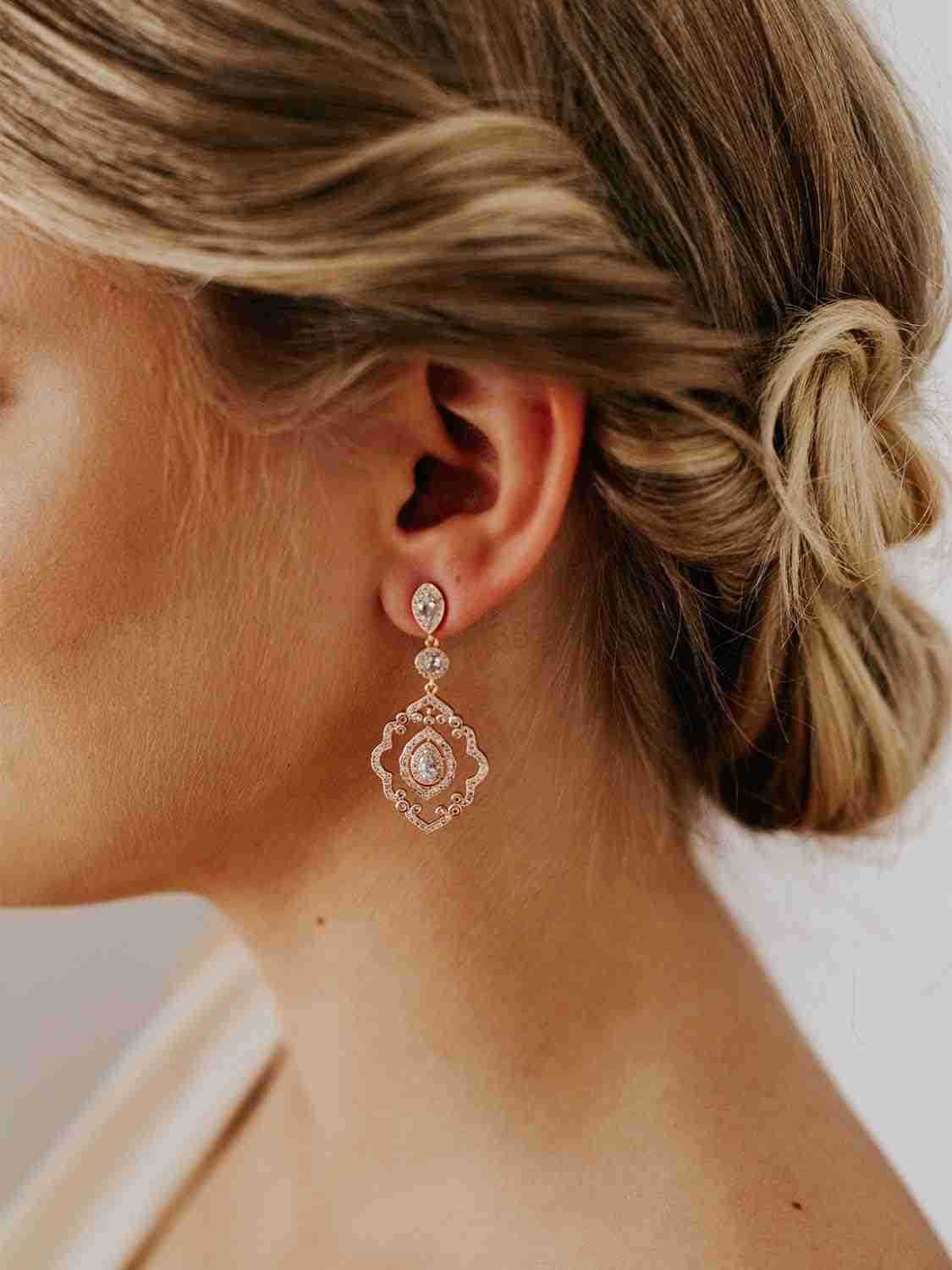 Wedding Earrings Rose Gold Bridal Earrings for Women BridesArt Deco Drop Dangle EarringsW250911