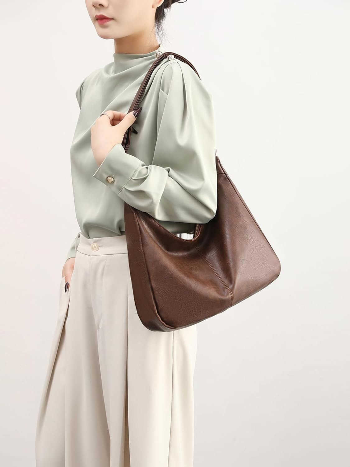 Bags for Women Foldable Vegan Leather Shoulder Handbag Slouchy Tote Crossbody PursesW250911