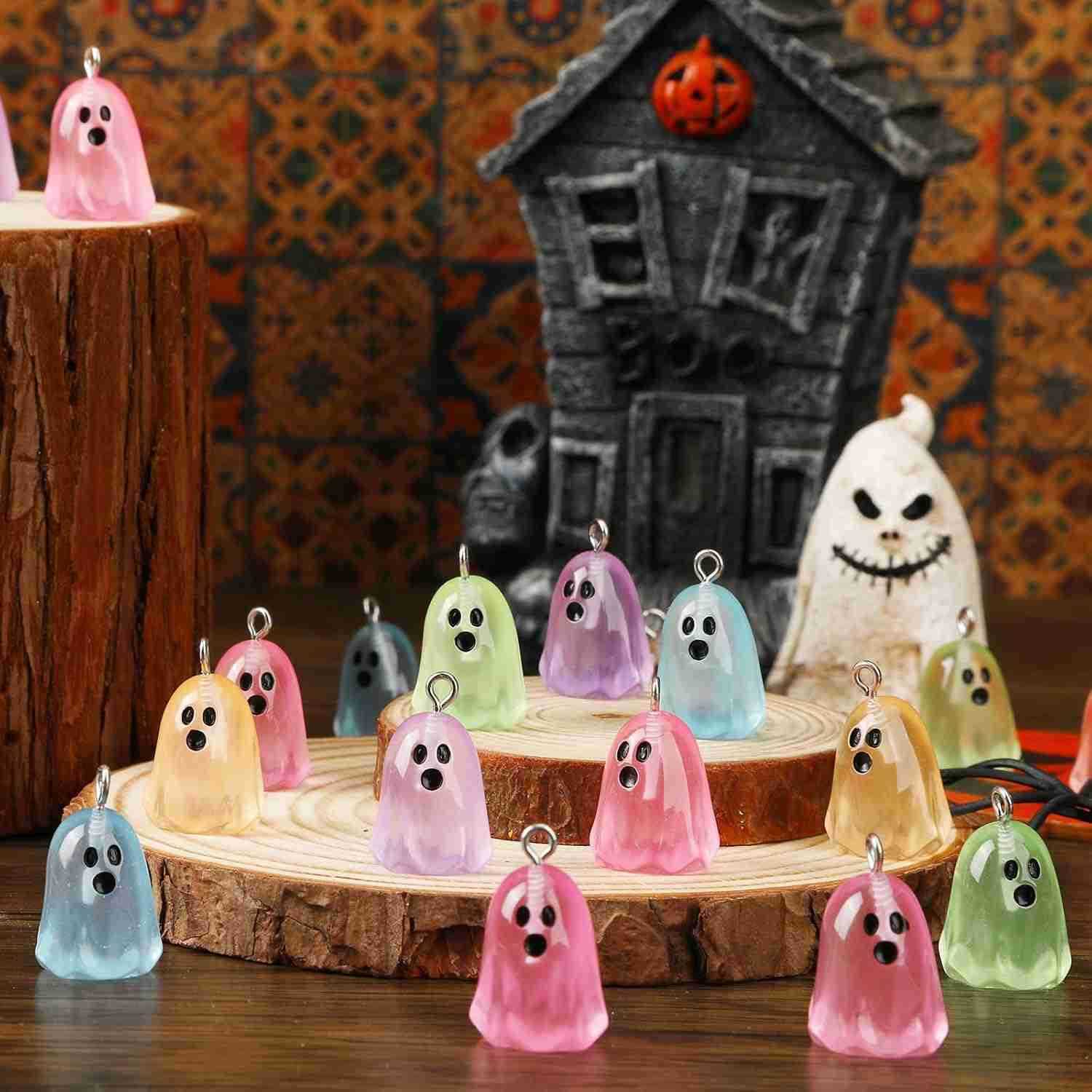 64 Pcs Halloween Ghost Charms Resin Ghost Charms Luminous Ghost Beads Halloween Pendant Bulk Glow in The Dark Ornament for DIY Necklace Earrings JeweW