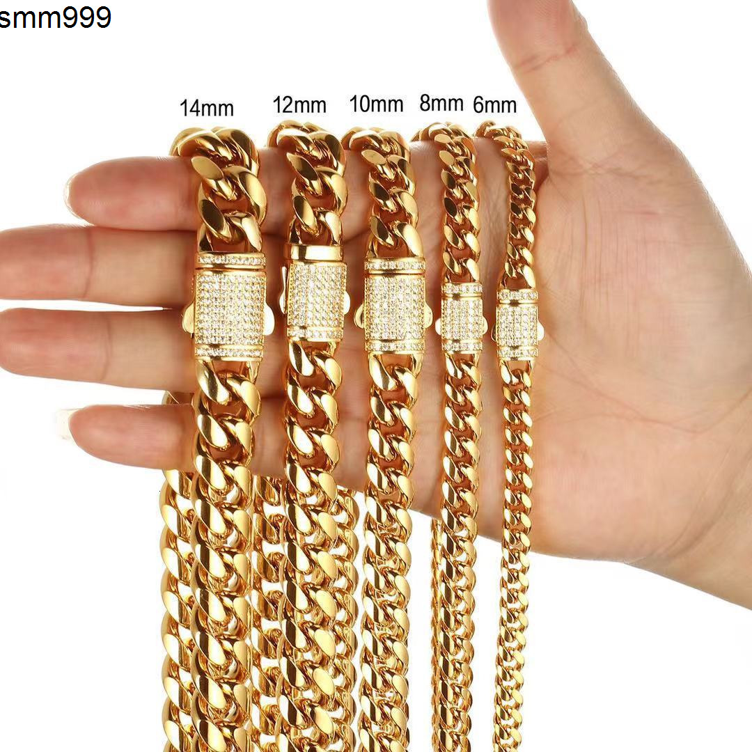 New 614mm Width 18K Gold Plated Stainless Steel Iced Out Zircon Clasp Cuban Chain Custom Design Miami Cuban Link Chain Necklace