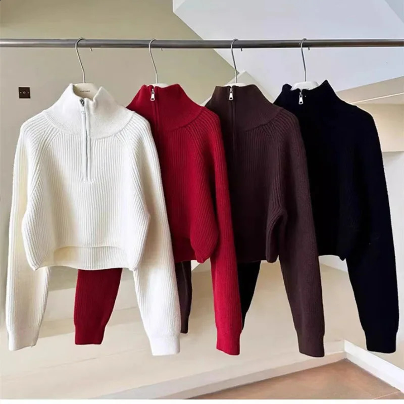 Fashion Turtleneck Zipper Knitted Pullover Sweater Women Long Sleeve Loose Casual Top Autumn Solid Color Tops 250911