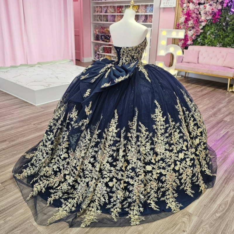 Navy Blue Ball Gown Quinceanera Dresses Off The Shoulder Applique Lace Beads Bow Tull Party Birthday Sweet 16 Dress Vestidos 15 De Anos