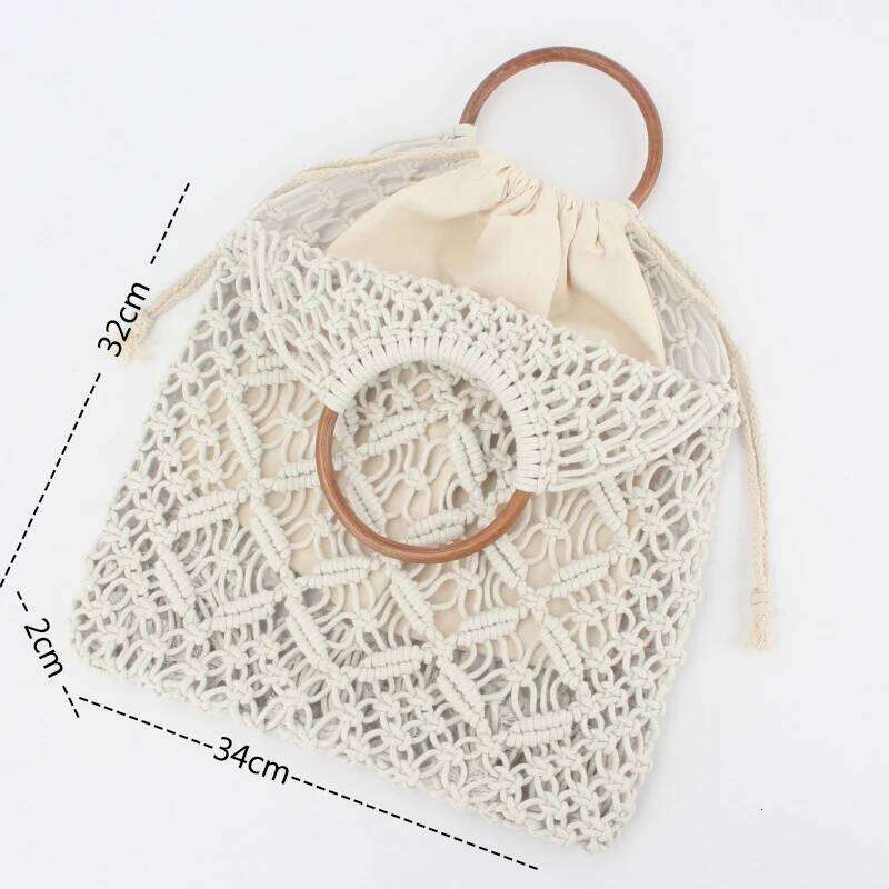 Vintage Circle Ring Top-Handle Mesh Handbag Cotton Thread Hand Woven Folding Tote Bags With Inner Bag