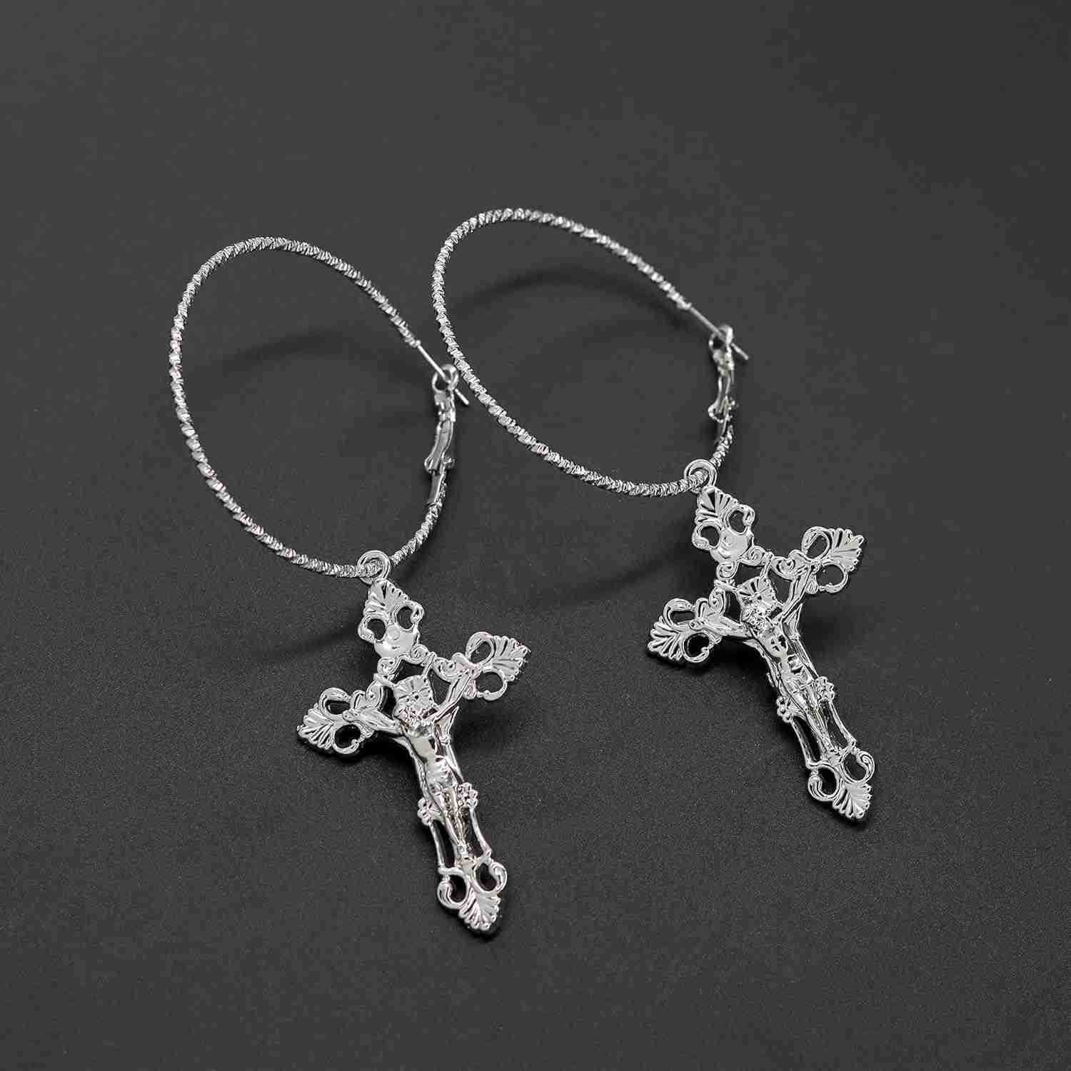 Vintage Gothic Cross Dangle Hoop Earrings Cross with Hoop Charm Tassel Dangle Drop Earrings Christian Jewelry for WomenW250911