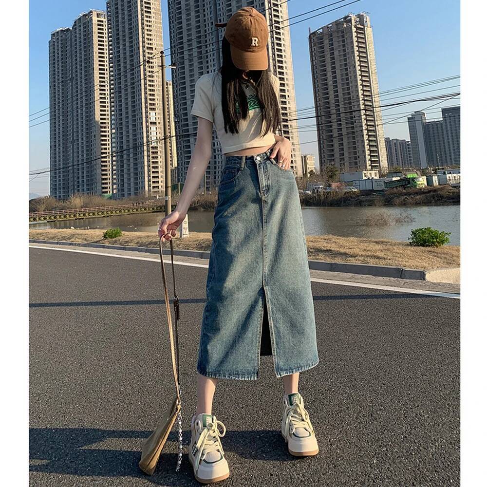 Summer Women High-waist Retro A- line Pockets Front Slit Washed Blue Denim Skirts Hip-covering Straight Long Jeans Skirt dongdumaoyi