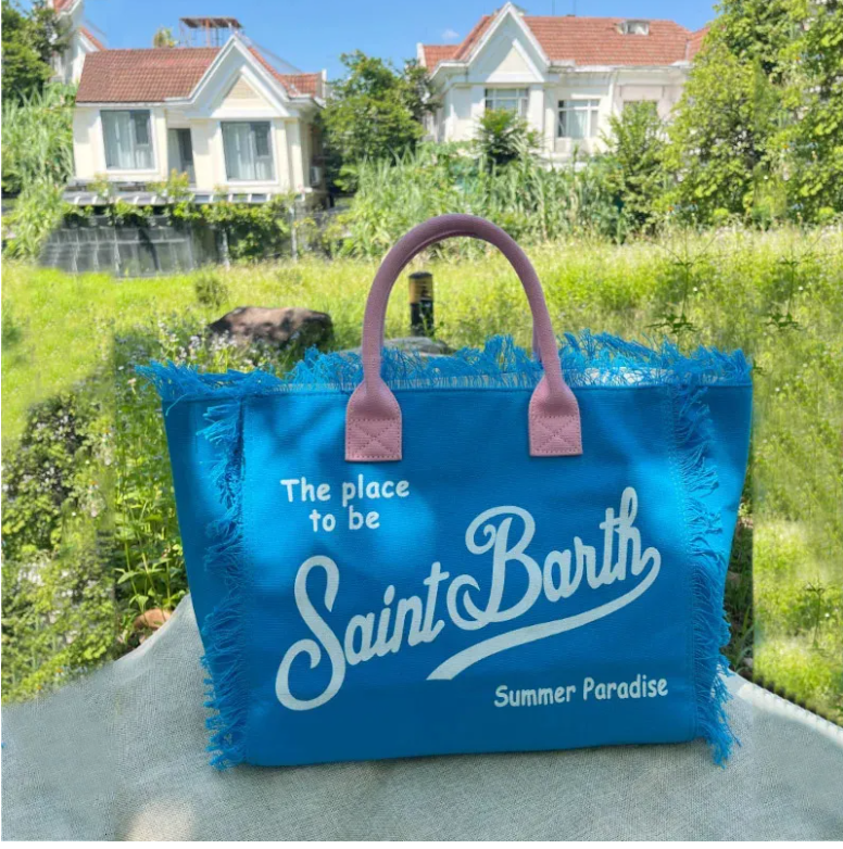 Saint Barth European and American New Women's Large Capacity Casual Beach Canvas Striped Tassel Handheld Tote Bag