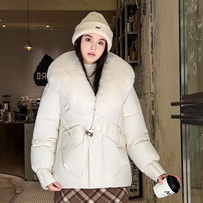 Phoenix Down for Women Winter New Large Fur Collar Short Puffer Jacket Loose Cotton Coat Outerwear