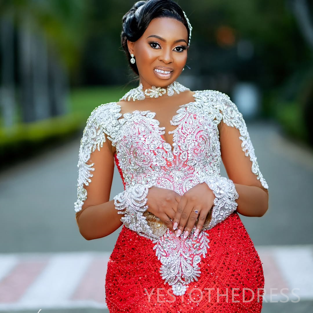 2025 Plus Size Red Prom Dresses For Black Women Mermaid Evening Dresses Formal Gowns High Neck Long Sleeves Beaded Lace Birthday Dress Second Receptio
