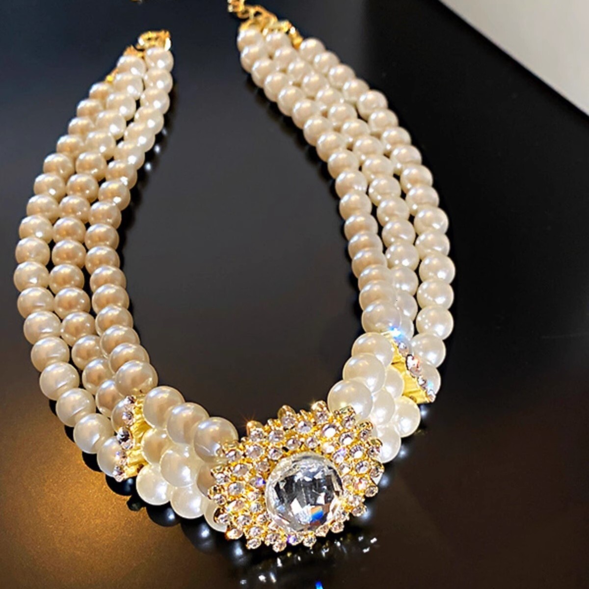 Luxury Brand Designer Jewelry Artificial Crystal Inlaid Diamond Multi-Row Artificial Pearl Necklace European And American Exaggerated Elegant Short Ch