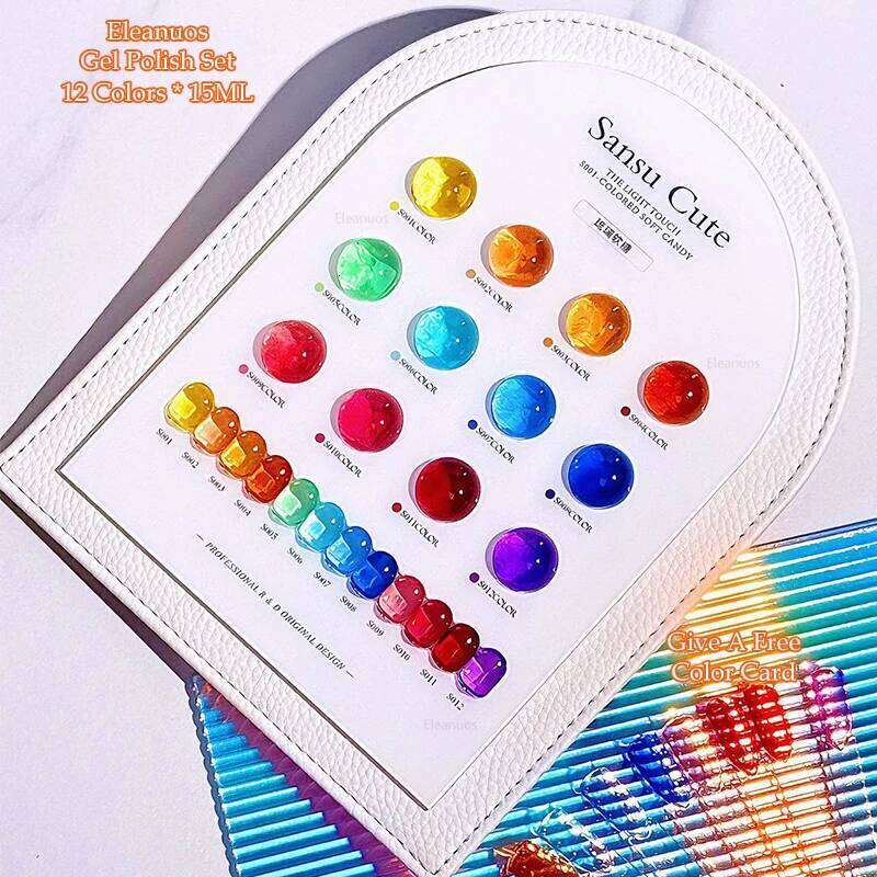 Eleanuos Rainbow Gel Polishing 12Pcs Mixed Varnish Semi Permanent UV Soaked Nail Candy Primer Salon Ice Penetrating Finish 15Ml