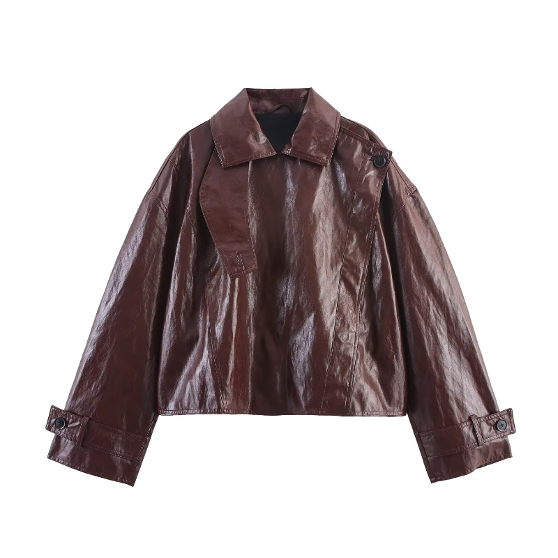 Leather Women's Jacket Burgundy Stand Collar Long Sleeve Asymmetry Button Female Coat Autumn Lady Street Locomotive Outerwear