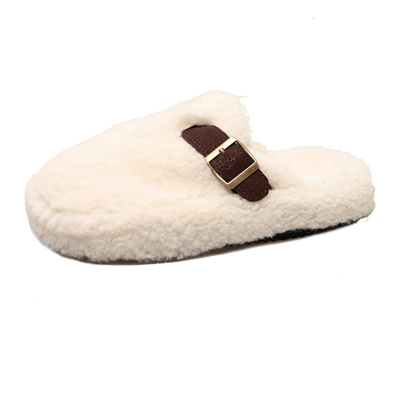 New designer shoes for women's fur leather shoes, winter plush lazy half toe slippers, outdoor new autumn and winter cotton thick soled shoes