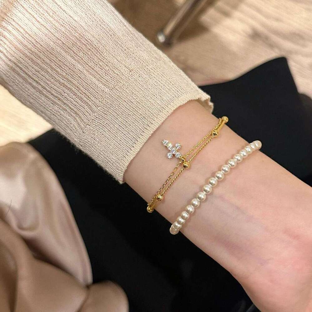 French Style Double Layer Stacked Sparkling Dia Cross for Women, Exquisite Versatile Bracelet with Unique Design Sense