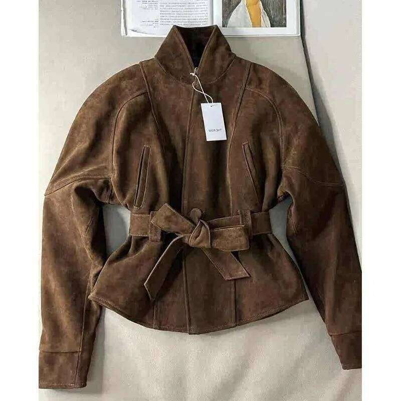 Women's Clothing Coffee Brown Suede Veet Fitted Waist Short Jacket Korean Light Mature Style Windproof Trench Coat