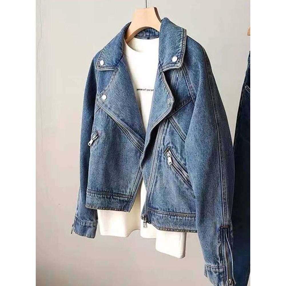 Motorcycle Zipper Long Sleeved For Denim Spring Autumn Female Jeans Jacket Women Outerwear