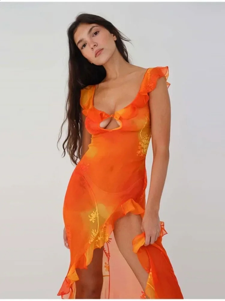 Orange Tie Dyed Printed Trailing Dress Low Cut Backless Ruffle High Split Long Dresses Summer Chic Female Party Evening Robe 250910