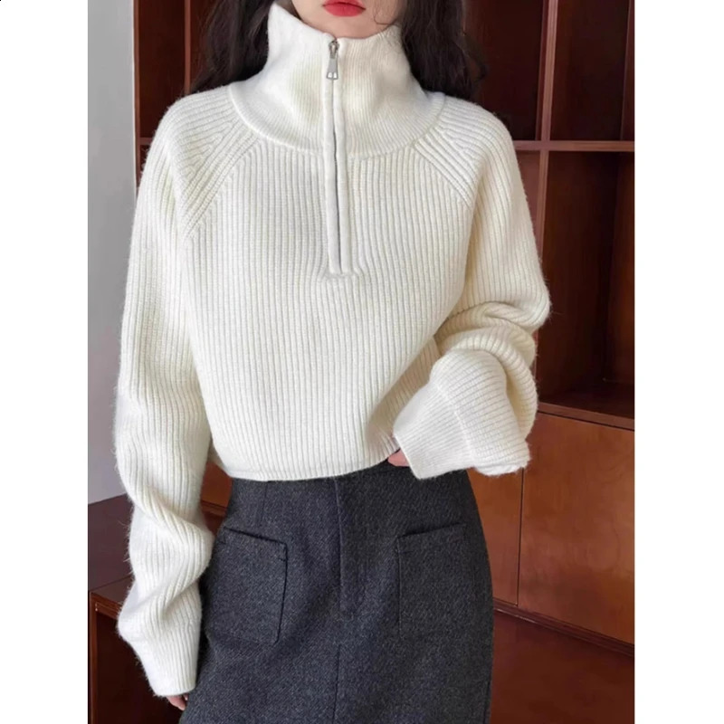 Fashion Turtleneck Zipper Knitted Pullover Sweater Women Long Sleeve Loose Casual Top Autumn Solid Color Tops 250911