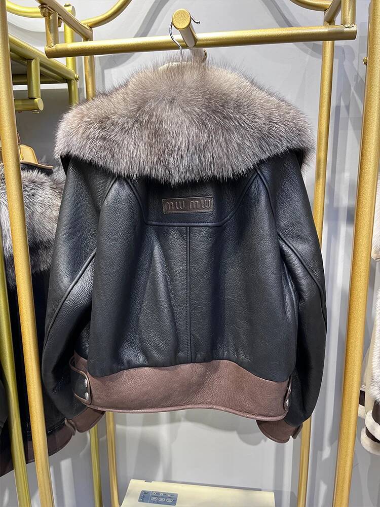 2024 Winter Warm Women Real Fox Collar Natural Merino Sheep Fur Coat Genuine Leather Jacket Thick Female Coats
