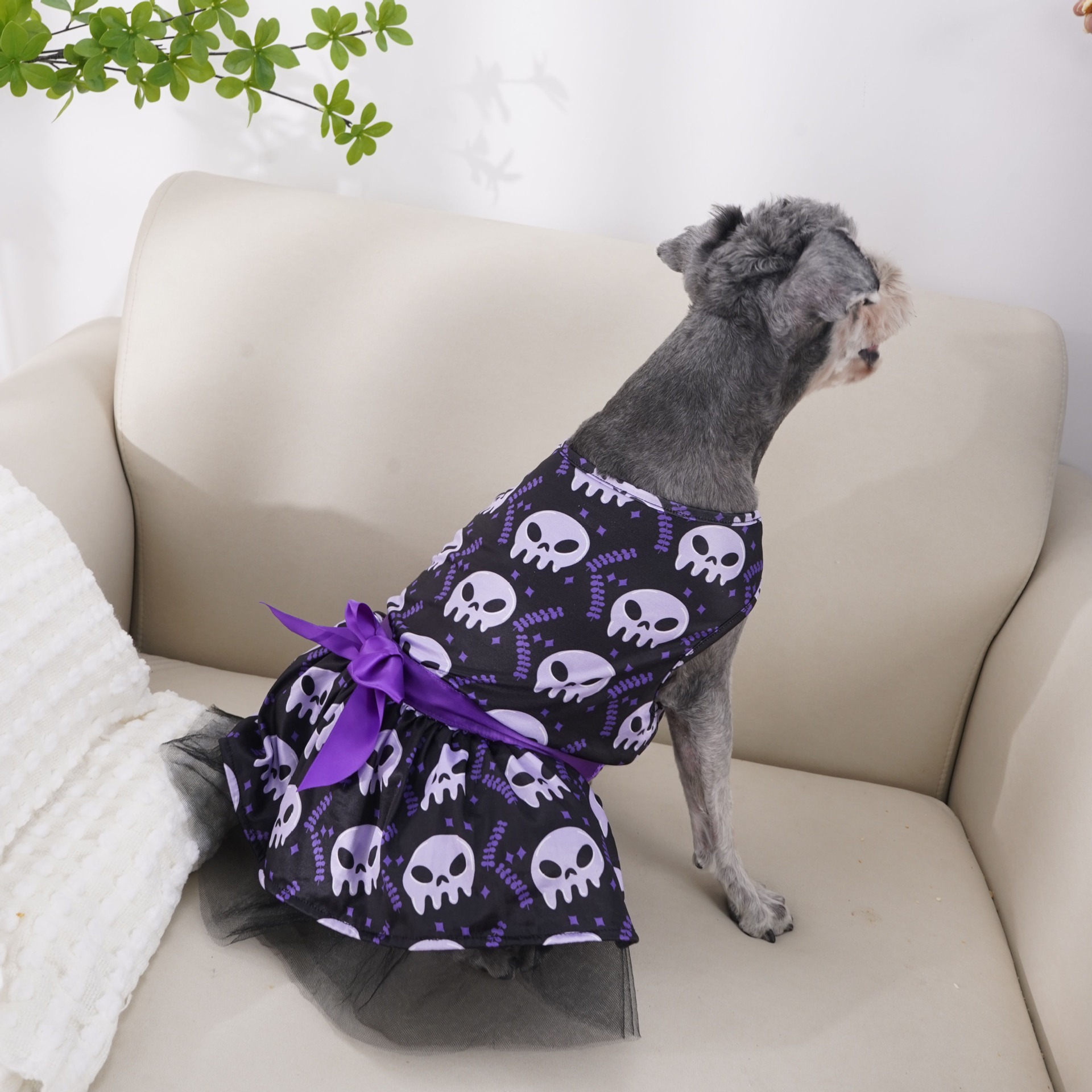 Halloween Dog Dress with Pumpkin Skull Prints Tulle Puff Skirt Big Bowknot Festive Party Costume for Dogs 2-14kg for Halloween Parties Themed Events D