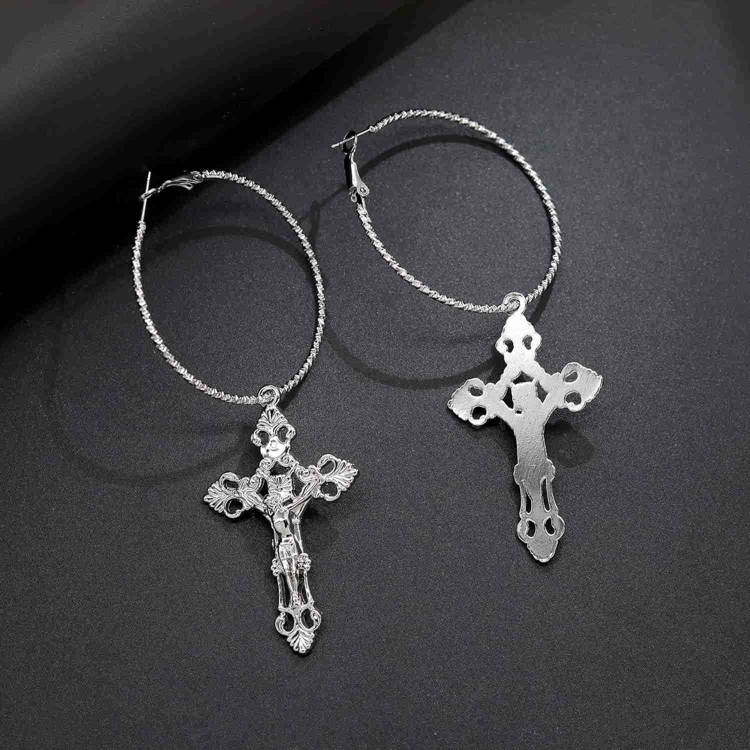 Vintage Gothic Cross Dangle Hoop Earrings Cross with Hoop Charm Tassel Dangle Drop Earrings Christian Jewelry for WomenW250911