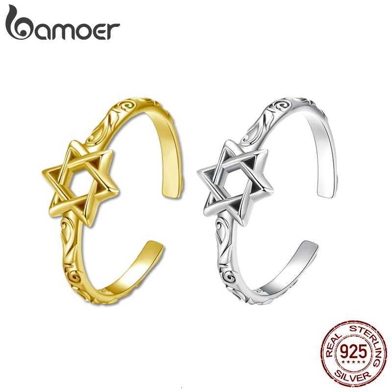 BAMOER 925 Sterling Silver Star of David Adjustable Ring Religous Retro Pattern Jewelry Christmas Birthday Gift for Women W250911
