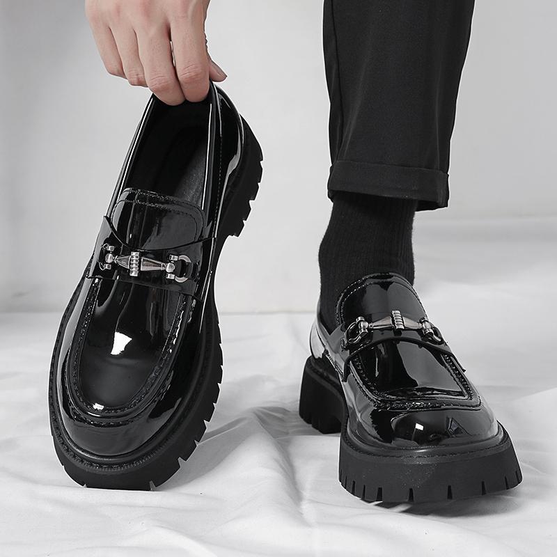 New Style Thick Sole Height Increasing Men Broad Round Toe Casual Leather Shoes Patent Leather Shiny Surface Chunky Heel Trendy Shoes Large Sizes 38-46 Free Shipping