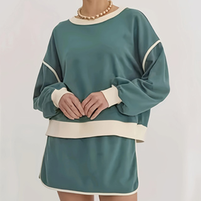 Loose sporty casual European and American fashion color-blocked short-sleeved and short-skirt set