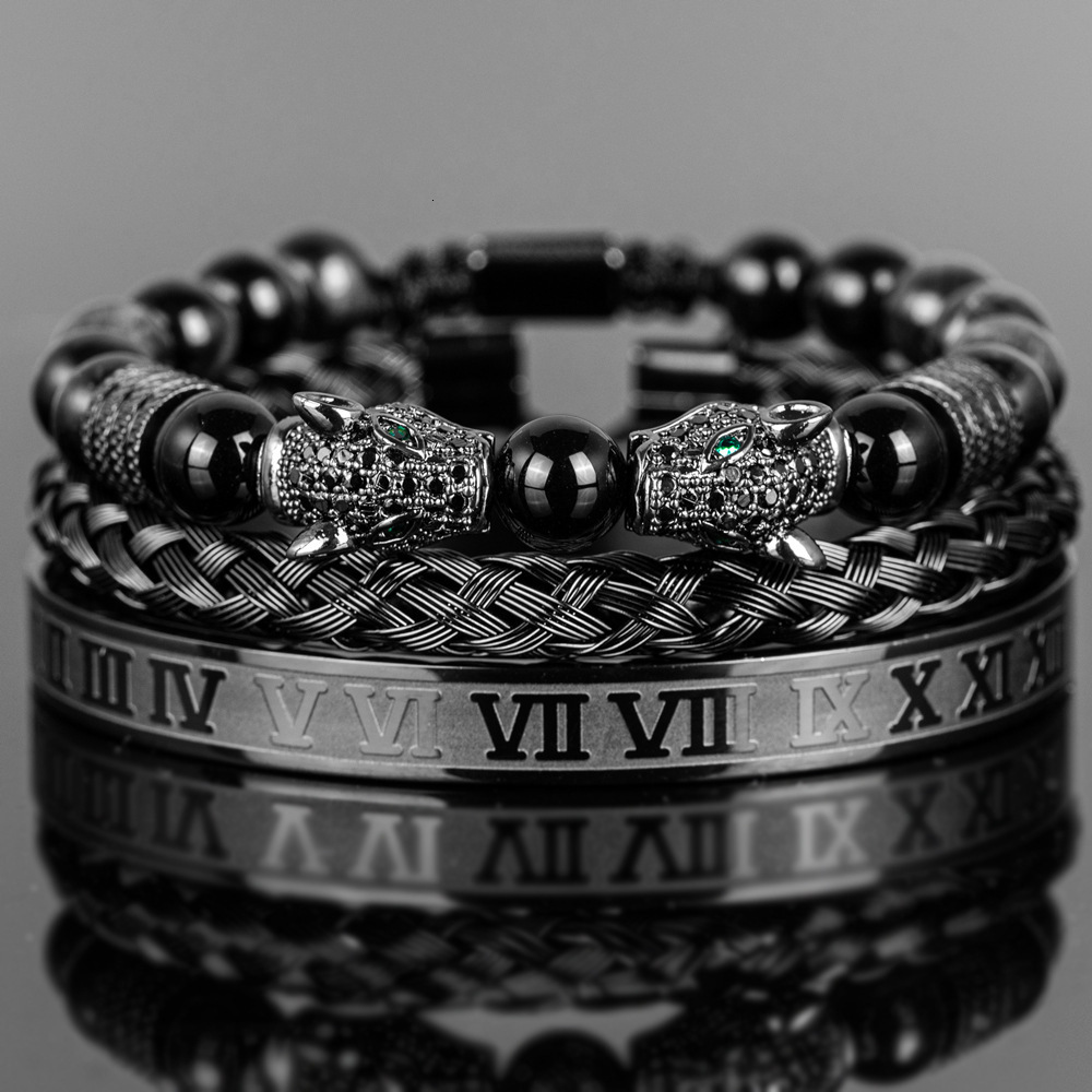 Black Double Leopard Head Braiding Stainless Steel Roman Numeral Bracelet Set Retro Designer Jewelry for Men