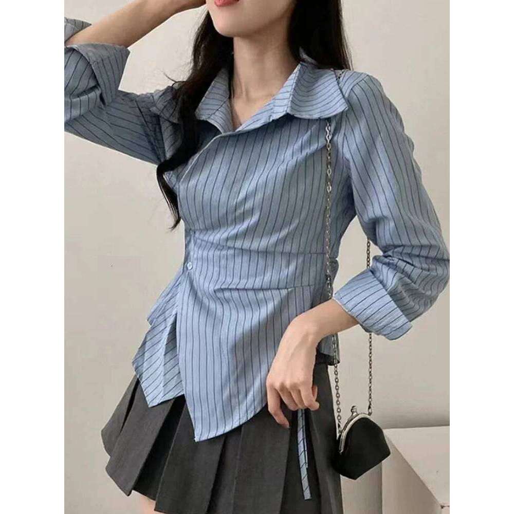 Jmprs Fashion Slim Striped Shirt Women Elegant Korean Long Sleeve Blouse Casual Irregular Female Spring Sweet Chic All Match Top