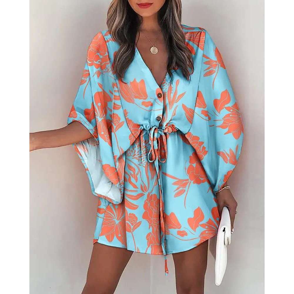 2025 Cross-Border European and American Summer Flutter Sleeve A-Line V-Neck Tie Casual Vacation Short Dress