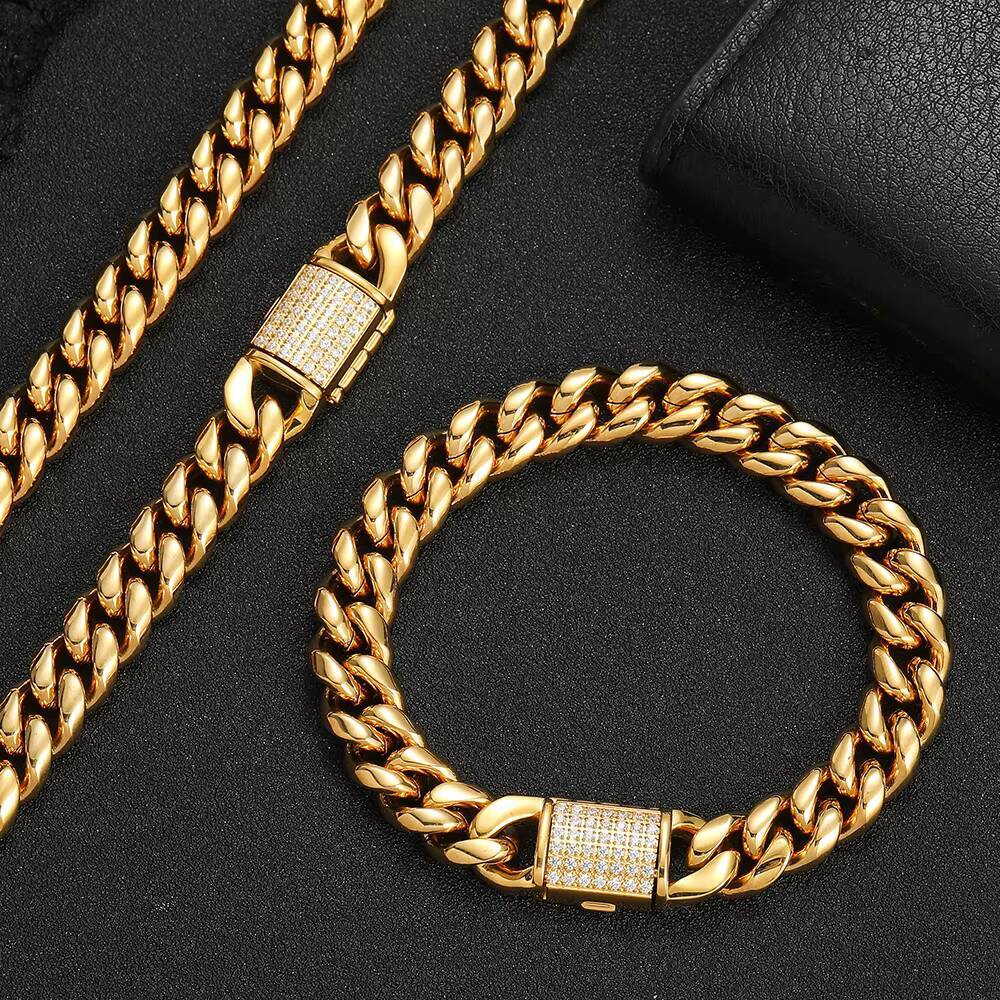 Wholesale Custom Hip Hop Stainless Steel Cuban Necklace CNC Pave Cz Iced Clasp 18K Gold Necklace Cuban Link Chain