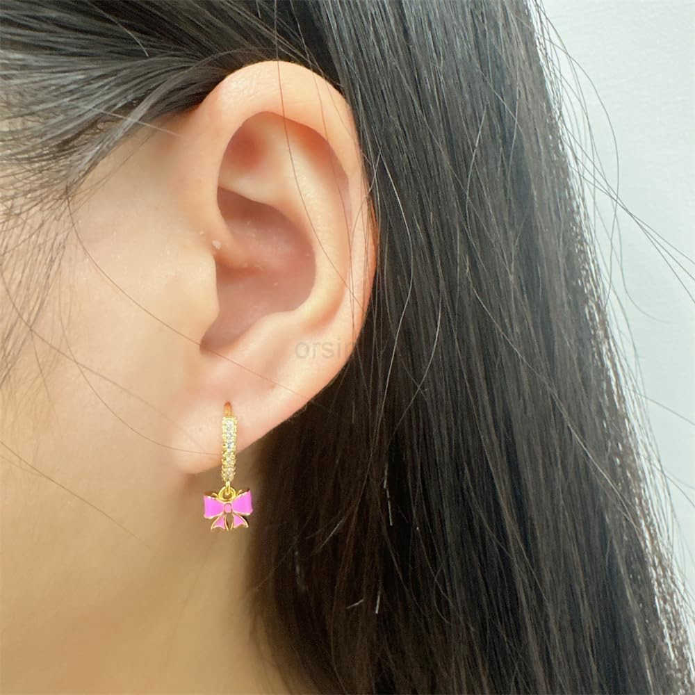 Cute Bow Pink Enamel Ribbon Charm CZ Small Hoop Earrings for Women Cartilage Dainty 925 Sterling Silver Post Gold Plated Bowknot Tiny Mini Huggie Hoop