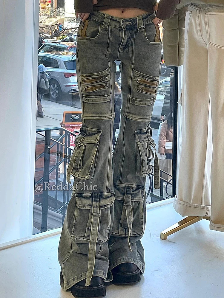 ReddaChic Tall Girl Cargo Pockets Flare Jeans Women Vintage Blue Distressed Zipper Decor Bootcut Pants Grunge Y2k Streetwear 250911